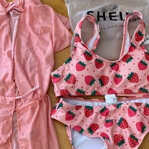 SHEIN Pink Strawberry Print Bikini Set with Cover-Up